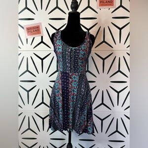 See You Monday Mini Fit & Flare Dress Blue Red Mixed Print Women’s Size S